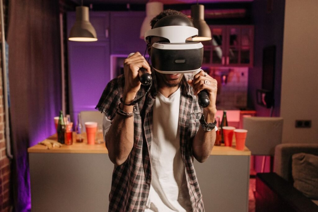 A person enjoying a virtual reality game in a cozy home setting.